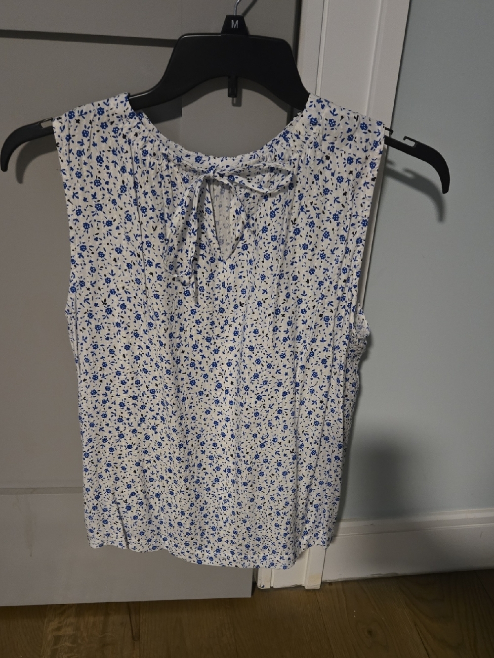 LOFT White and Blue Floral Tie-Neck Sleeveless Top